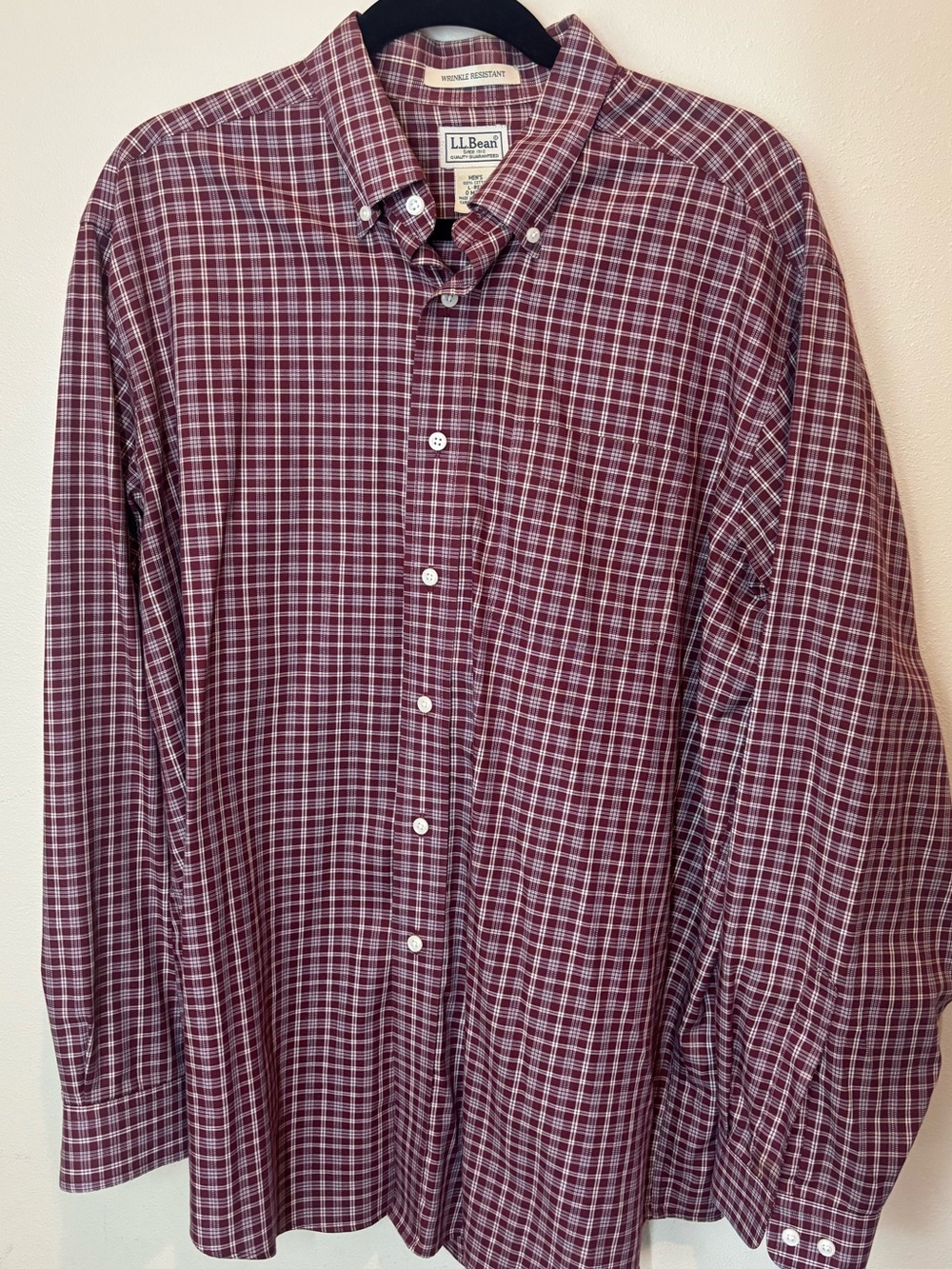 L.L. Bean Men's Burgundy and White Plaid Button-Down Shirt, 100% cotton, large